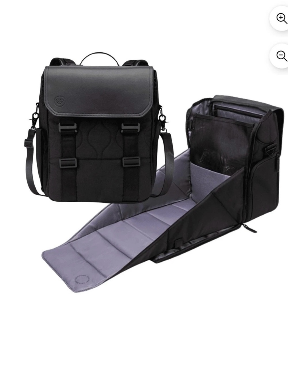 Baby diaper bag:   Black Convertible Messenger Bag with Padded Interior